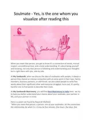 Soulmate - Yes, is the one whom you visualize after reading this