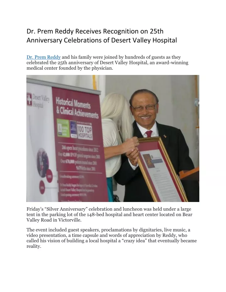 dr prem reddy receives recognition on 25th
