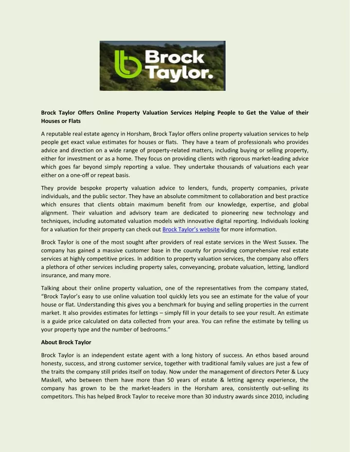 brock taylor offers online property valuation