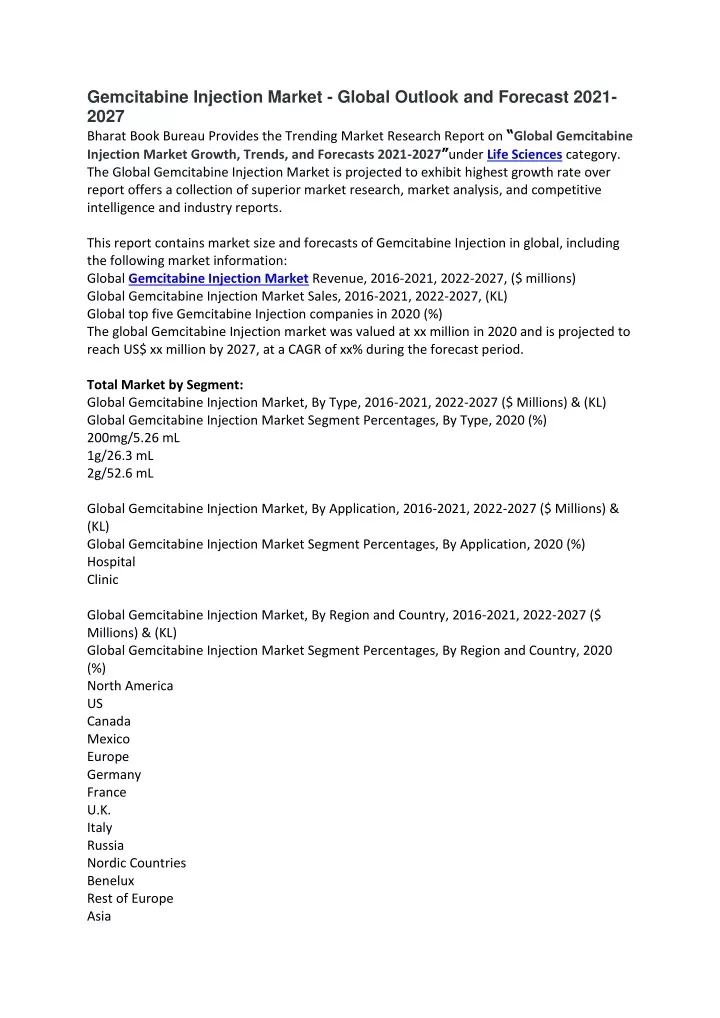 gemcitabine injection market global outlook