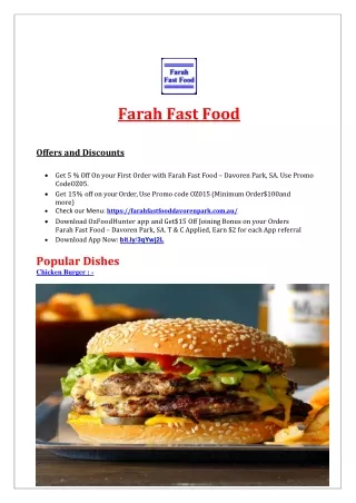 5% off - Farah Fast Food Takeaway Menu Davoren park, SA