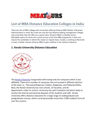 List of MBA Distance Education Colleges in India