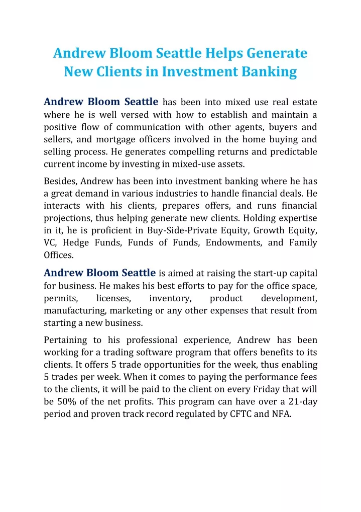 andrew bloom seattle helps generate new clients