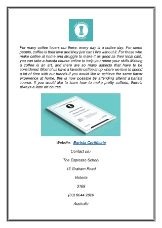 Barista Certificate | Espressoschool.com.au