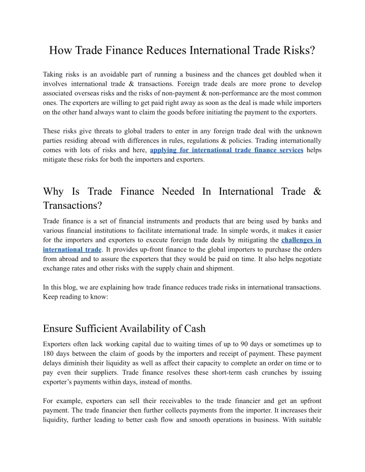 how trade finance reduces international trade