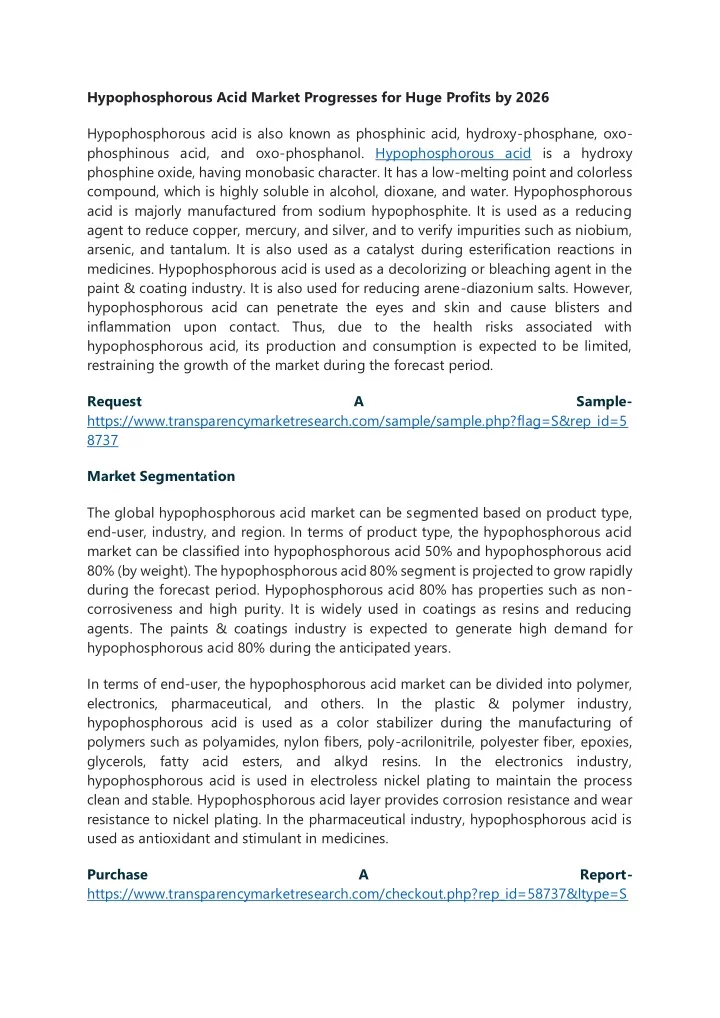 hypophosphorous acid market progresses for huge