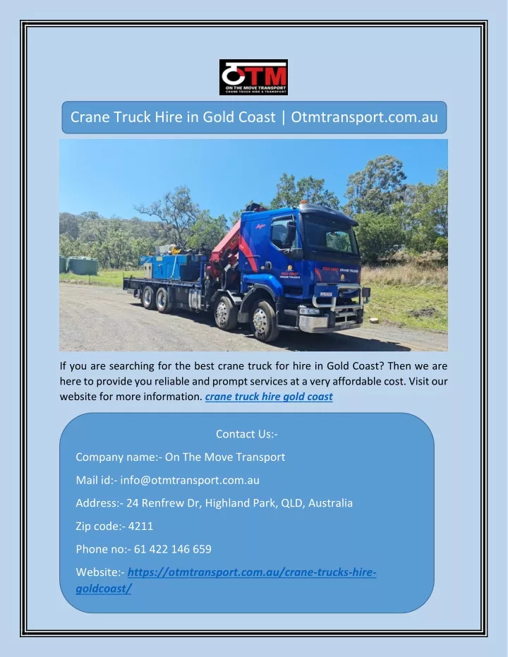 crane truck hire in gold coast otmtransport com au