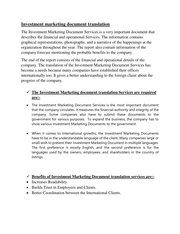 investment marketing document translation