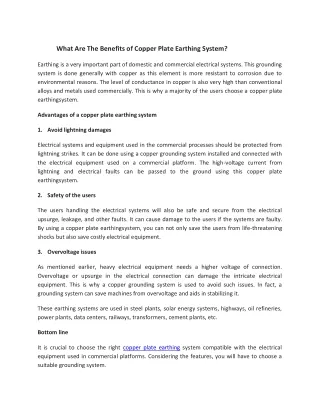 What Are The Benefits of Copper Plate Earthing System ?