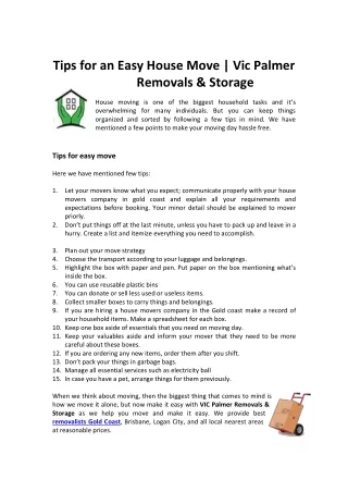 Tips for an Easy House Move - Vic Palmer Removals & Storage