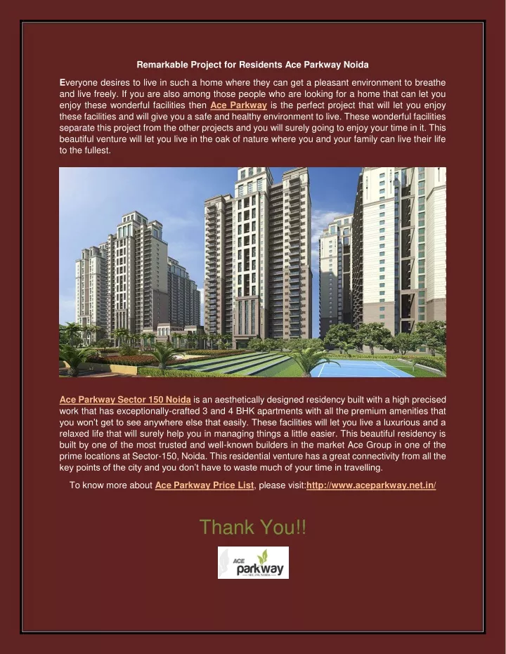 remarkable project for residents ace parkway noida