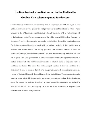 IT'S TIME TO START A MEDICAL CAREER IN THE UAE AS THE GOLDEN VISA SCHEME OPENED FOR DOCTOR