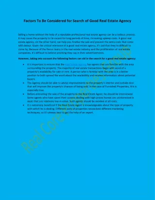 Factors To Be Considered for Search of Good Real Estate Agency