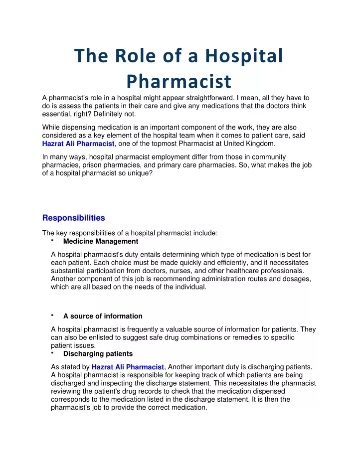 the role of a hospital pharmacist do is assess