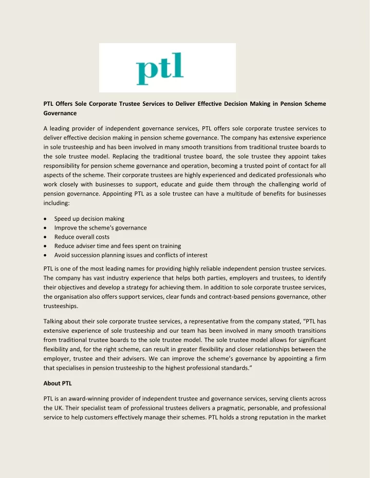 ptl offers sole corporate trustee services