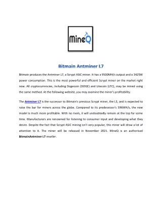 Antminer L7 9500MH/s Scrypt ASIC Miner - MineQ