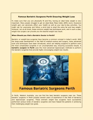 Famous Bariatric Surgeons Perth Ensuring Weight Loss