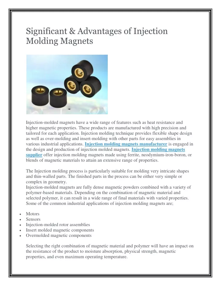 significant advantages of injection molding