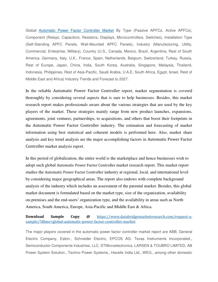 global automatic power factor controller market