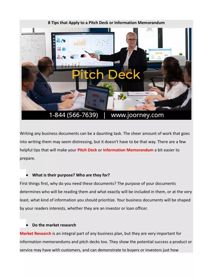 8 tips that apply to a pitch deck or information