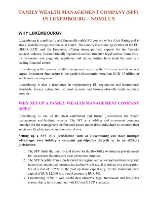 FAMILY WEALTH MANAGEMENT COMPANY (SPF) IN LUXEMBOURG - NOMILUX