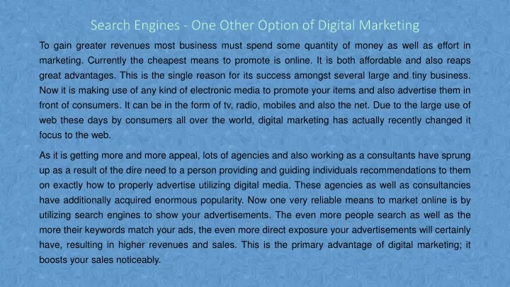 search engines one other option of digital marketing