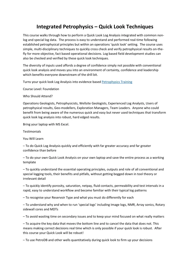integrated petrophysics quick look techniques