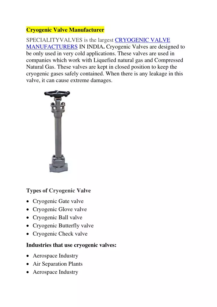 cryogenic valve manufacturer
