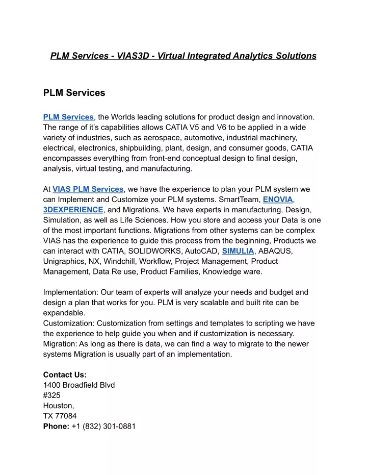 plm services vias3d virtual integrated analytics