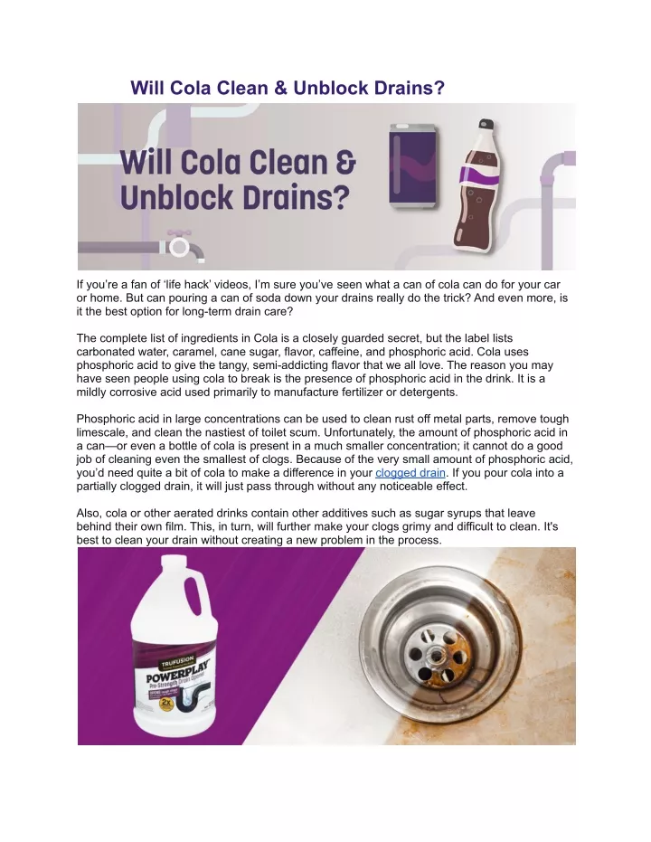 will cola clean unblock drains