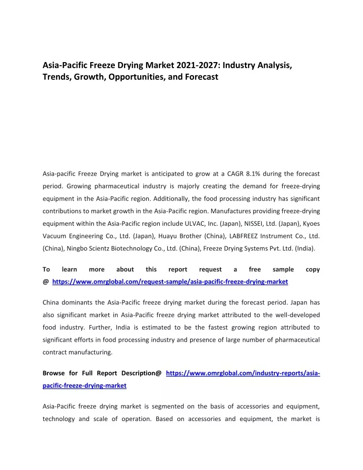 asia pacific freeze drying market 2021 2027