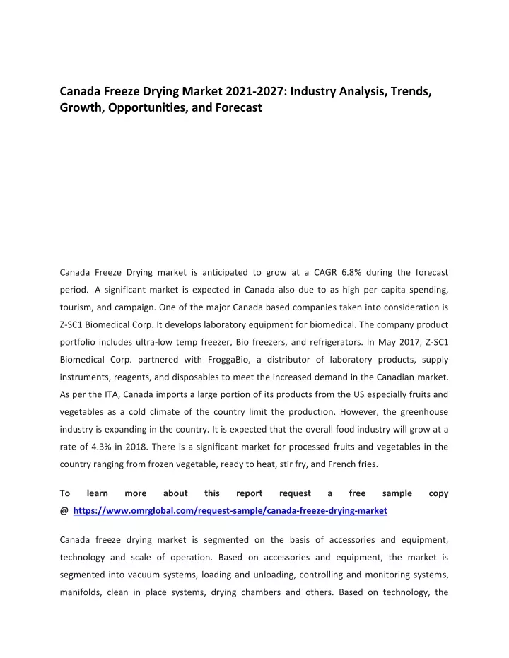 canada freeze drying market 2021 2027 industry