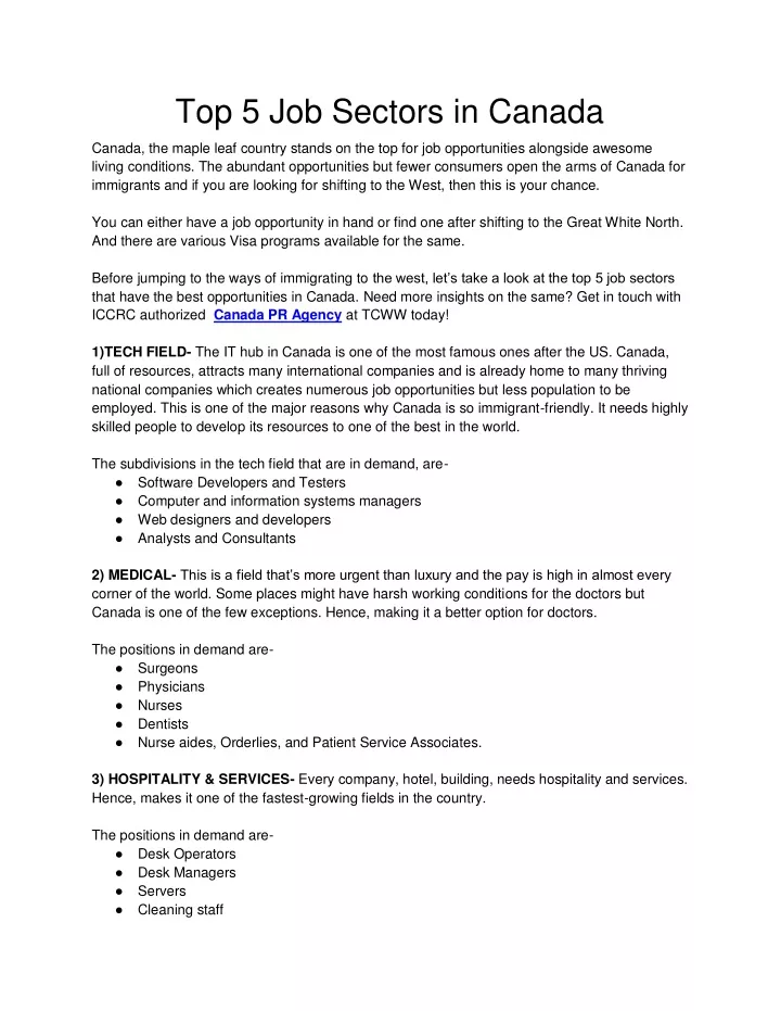 top 5 job sectors in canada