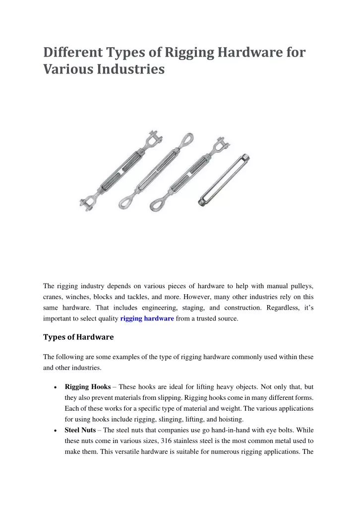 different types of rigging hardware for various