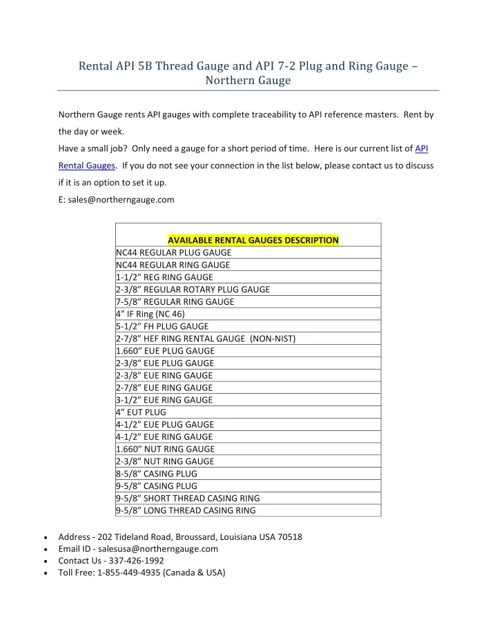 rental api 5b thread gauge and api 7 2 plug