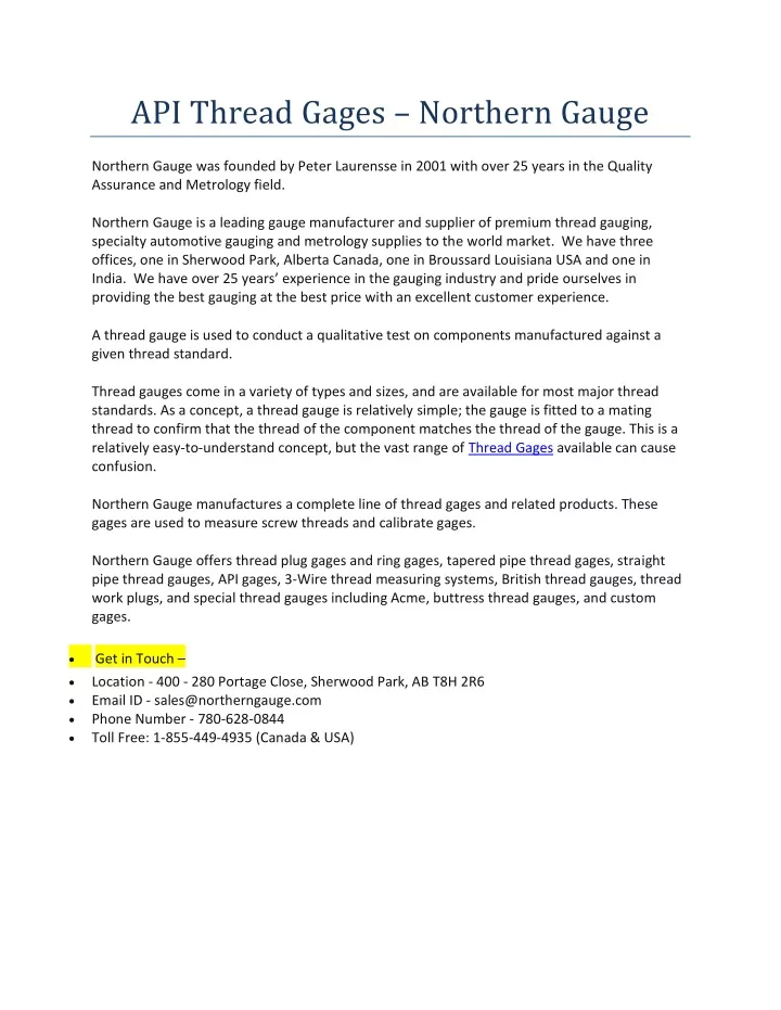 api thread gages northern gauge