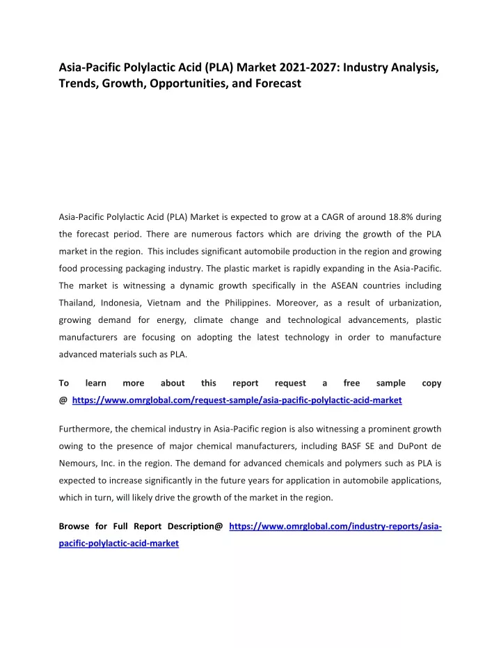 asia pacific polylactic acid pla market 2021 2027