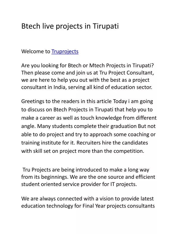 btech live projects in tirupati