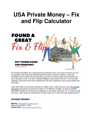 USA Private Money – Fix and Flip Calculator