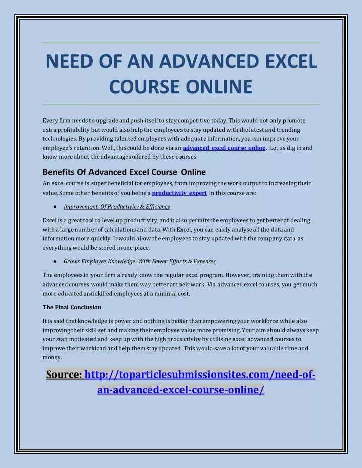 need of an advanced excel course online