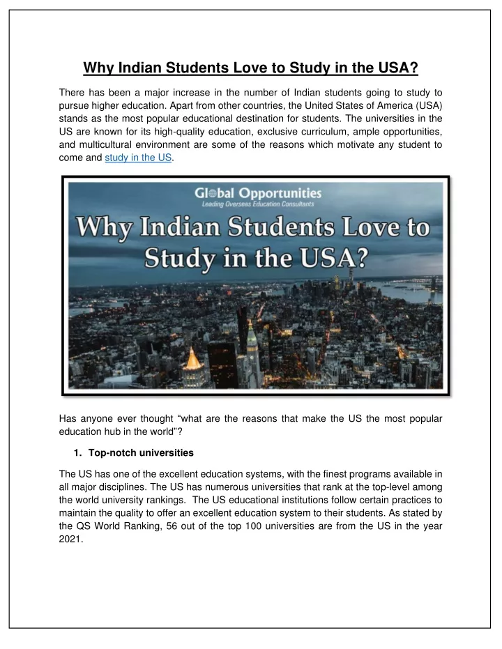 why indian students love to study in the usa