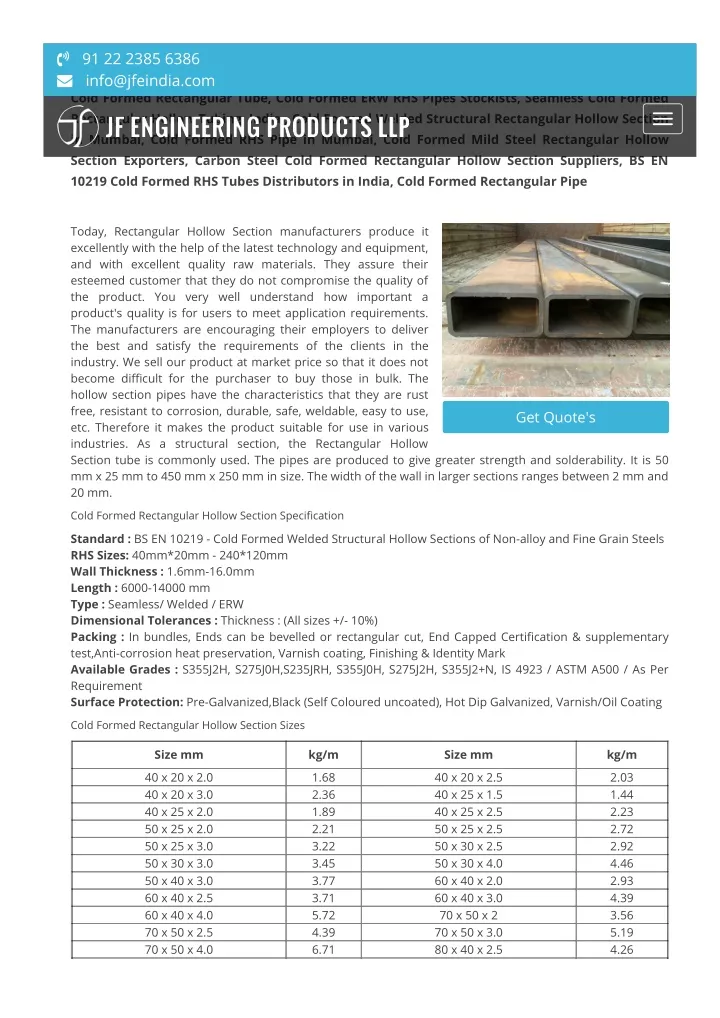 rectangular hollow section info@jfeindia com