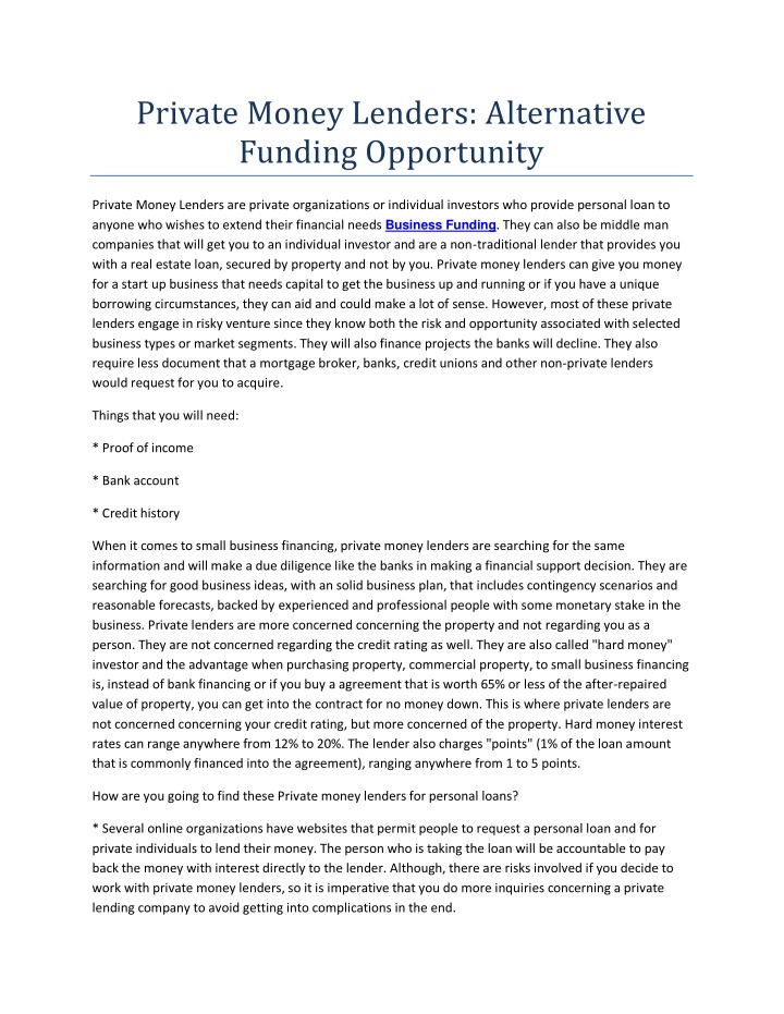 private money lenders alternative funding