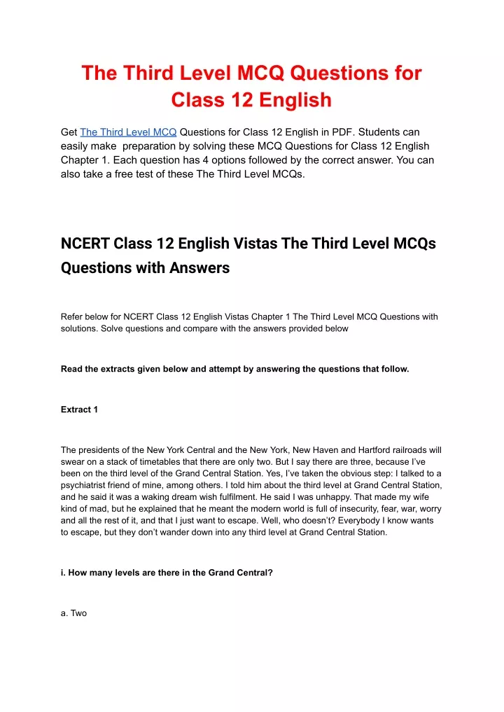the third level mcq questions for class 12 english