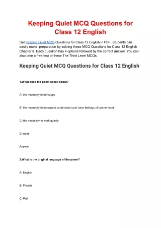 keeping quiet mcq questions for class 12 english