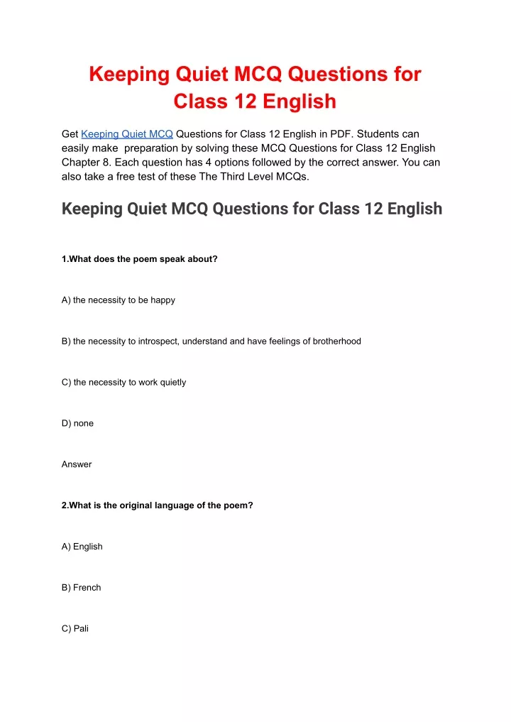 keeping quiet mcq questions for class 12 english