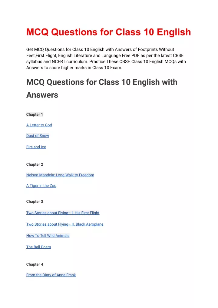 mcq questions for class 10 english