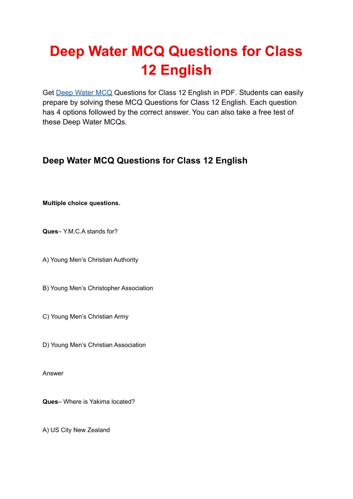 deep water mcq questions for class 12 english