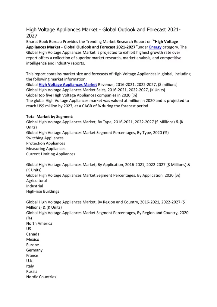 high voltage appliances market global outlook