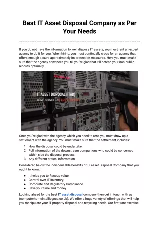 Best IT Asset Disposal Company as Per Your Needs